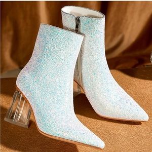 [NW] Women Clear Heel Booties Sparkly Chunky Heel Sequin Glitter Ankle Boots